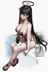 Rule 34 | 1girl, absurdres, bikini, black bikini, black hair, blue archive, bracelet, breasts, collarbone, cup, flower, from above, full body, ganet p, hair flower, hair ornament, hairclip, halo, highres, id card, jewelry, lanyard, large breasts, long hair, open mouth, red eyes, rio (blue archive), sandals, sitting, solo, spaghetti strap, straight hair, string bikini, swimsuit, tablet pc, thighs, very long hair, wet