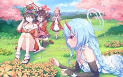 Rule 34 | 4girls, animal ears, black eyes, black footwear, black hair, black skirt, black thighhighs, blue archive, blue hair, blue halo, braid, breasts, bridal gauntlets, brown hair, cherry blossoms, chise (blue archive), cleavage, closed eyes, closed mouth, collarbone, day, dress, flower, flower wreath, frilled sleeves, frills, grass, halo, head wreath, highres, hood, hood down, hoodie, horns, kaede (blue archive), kaoling, korean commentary, large breasts, long hair, long sleeves, mimori (blue archive), mountain, multiple girls, oni horns, open mouth, orange flower, outdoors, parted lips, pink hair, pink halo, pleated skirt, red dress, red eyes, red footwear, red halo, red hoodie, red horns, see-through, see-through sleeves, shoes, short hair, short sleeves, skirt, sleeveless, sleeveless dress, small breasts, smile, socks, thighhighs, tsubaki (blue archive), twin braids, white dress, white socks, yellow flower