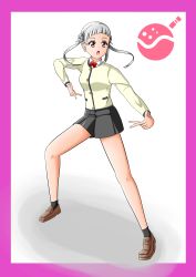 Rule 34 | 1girl, :o, absurdres, arashi chisato, artist name, artist request, bare legs, black skirt, blush, border, bow, bowtie, breasts, brown footwear, buttons, cardigan, collared shirt, double bun, female focus, floating hair, full body, hair bun, highres, layered skirt, light brown jacket, long hair, looking at viewer, love live!, love live! school idol festival, love live! superstar!!, miniskirt, nail, nail polish, parted lips, pink nails, plaid, plaid skirt, pleated, pleated skirt, purple border, red bow, red eyes, school uniform, shirt, shoes, skirt, small breasts, smile, socks, solo, standing, twintails, white background, white hair, white shirt, yellow cardigan, yuigaoka music program school uniform