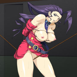 Rule 34 | 1girl, antenna hair, bdsm, belt, bondage, bound, breast bondage, breasts, capcom, censored, collar, crotch rope, crotch rub, detached sleeves, dress, large breasts, little cheat-ya, long hair, looking at viewer, mosaic censoring, no bra, no panties, parted lips, purple eyes, purple hair, rope walking, rose (street fighter), solo, street fighter, sweat