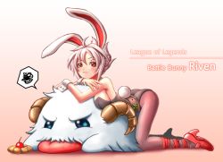 Rule 34 | 1girl, animal ears, battle bunny riven, belt, blue eyes, blush, breasts, character name, cherry, copyright name, fake animal ears, folded ponytail, food, fruit, gradient background, high heels, horns, large breasts, league of legends, leotard, looking at viewer, pantyhose, playboy bunny, poro (league of legends), rabbit ears, rabbit tail, ranken, red eyes, riven (league of legends), short hair, simple background, spoken squiggle, squiggle, tail, tongue, tongue out, white hair, wrist cuffs