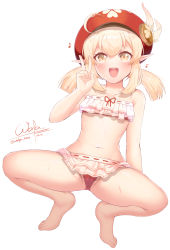 Rule 34 | 1girl, :d, ahoge, alternate costume, bare legs, barefoot, bikini, brown eyes, cabbie hat, clover print, commentary request, frilled bikini, frills, genshin impact, hair between eyes, hat, hat feather, hat ornament, highres, klee (genshin impact), light brown hair, long hair, looking at viewer, low twintails, midriff, musical note, navel, open mouth, pointy ears, sidelocks, simple background, smile, solo, squatting, swimsuit, toes, twintails, v, wata neo, white background