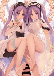 Rule 34 | 1boy, 2girls, armlet, bare shoulders, barefoot, blush, bracelet, breasts, collarbone, cooperative footjob, dress, euryale (fate), euryale (third ascension) (fate), fate/hollow ataraxia, fate (series), feet, ffm threesome, footjob, frilled hairband, frills, group sex, hairband, halo, hetero, jewelry, legs, long hair, looking at viewer, lypele, multiple girls, parted bangs, penis, purple eyes, purple hair, ring, siblings, sidelocks, sisters, small breasts, smile, stheno (fate), stheno (third ascension) (fate), thighlet, threesome, toes, twintails, very long hair, white dress