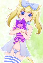 Rule 34 | 1boy, ahoge, animal ears, bad id, blonde hair, blush, bow, bulge, cat boy, cat ears, cat tail, frown, gumisyrup, hair bow, lingerie, long hair, male focus, navel, original, panties, solo, striped clothes, striped panties, striped thighhighs, stuffed animal, stuffed toy, tail, thighhighs, trap, twintails, underwear, underwear only