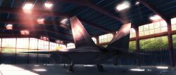 Rule 34 | absurdres, aircraft, airplane, ceiling, corrugated galvanized iron sheet, day, f-22 raptor, fighter jet, glass, highres, hole in ceiling, indoors, jet, light rays, line4x, military, military vehicle, no humans, original, plant, raptor, scenery, signature, sunlight, tile floor, tiles, tin roof, wall, warehouse, wheel, window