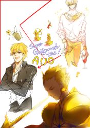 Rule 34 | 1boy, armor, blonde hair, casual, chacall, fate/stay night, fate/zero, fate (series), flower pot, gilgamesh (fate), glass, male focus, multiple views, official alternate costume, red eyes, sword, weapon