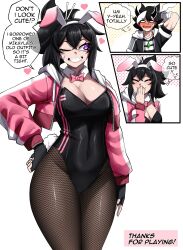Rule 34 | 1boy, 1girl, absurdres, animal ears, black leotard, black pantyhose, blush, breasts, cleavage, closed eyes, closed mouth, cropped jacket, english text, fake animal ears, fake tail, fishnet pantyhose, fishnets, grin, hand on own hip, heart, highres, jacket, large breasts, leotard, lips, long sleeves, looking at another, mole, mole under mouth, one eye closed, original, pantyhose, parted lips, pink jacket, playboy bunny, rabbit ears, rabbit tail, rageman709, smile, speech bubble, tail, teeth, thought bubble