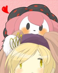 10s bad_id bad_pixiv_id blonde_hair blush charlotte_(madoka_magica) face hat heart mahou_shoujo_madoka_magica mahou_shoujo_madoka_magica_(anime) object_on_head rine smile tomoe_mami tomoe_mami_(magical_girl) yellow_eyes