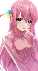 Rule 34 | 1girl, :d, blue eyes, blush, bocchi the rock!, breasts, commentary request, cube hair ornament, gotoh hitori, hair between eyes, hair ornament, hand up, highres, hoshimiya aki, jacket, long sleeves, looking at viewer, medium breasts, one side up, open mouth, pink hair, pink jacket, simple background, sleeves past wrists, smile, solo, sweat, track jacket, upper body, white background