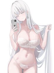 1girl absurdly_long_hair absurdres bare_legs blush bra breasts bright_pupils cellphone closed_mouth colored_eyelashes cowboy_shot earrings gluteal_fold highres holding holding_phone jewelry jinhsi_(wuthering_waves) laneigu large_breasts legs long_hair missing_commentary mole mole_on_cheek navel panties phone shoes simple_background smartphone smile solo stomach underwear underwear_only very_long_hair white_background white_bra white_eyelashes white_eyes white_hair white_panties white_pupils wuthering_waves