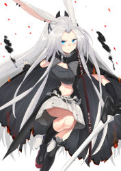 Rule 34 | 1girl, animal ears, asymmetrical legwear, azur lane, black cape, black footwear, black gloves, black thighhighs, blue eyes, boots, breasts, burnt clothes, cape, cleavage, fingerless gloves, gloves, highres, hiryuu (azur lane), hiryuu (meta) (azur lane), holding, holding weapon, leg up, long hair, looking at viewer, medium breasts, mg42cat-k1ng, midriff, miniskirt, rabbit ears, simple background, single thigh boot, skirt, socks, solo, thigh boots, thighhighs, very long hair, weapon, white background, white hair, white skirt