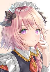 Rule 34 | 1boy, absurdres, astolfo (fate), black bow, black dress, blush, bow, braid, commentary, dress, fate (series), highres, long hair, long sleeves, looking at viewer, maid headdress, male focus, official alternate costume, pink hair, portrait, purple eyes, r3d, red neckwear, smile, solo, trap