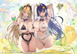 Rule 34 | 2girls, animal, arm behind head, arm up, armpits, azur lane, bare shoulders, bikini, bird, blue hair, blush, bracelet, breasts, brown eyes, candy, cherry, cleavage, clothing cutout, commentary request, cup, detached collar, fingernails, food, fruit, gloves, hair ornament, heart cutout, highres, horns, ice cream, jewelry, kumano (azur lane), large breasts, lemon, lemon slice, lollipop, long hair, looking at viewer, manjuu (azur lane), momi, multiple girls, nail polish, navel, official art, purple eyes, river, shiny skin, simple background, smile, stomach, suzuya (azur lane), swimsuit, thighs, tropical drink
