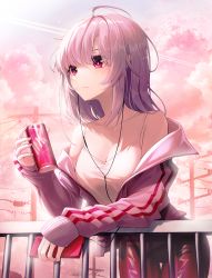Rule 34 | 1girl, ahoge, bare shoulders, blush, breasts, can, cellphone, cleavage, closed mouth, cloud, cloudy sky, cowboy shot, day, drink can, earphones, eyebrows hidden by hair, highres, holding, holding can, holding phone, jacket, long hair, long sleeves, looking afar, medium breasts, off shoulder, open clothes, open jacket, original, outdoors, pants, phone, pink eyes, pink hair, pink jacket, pink theme, red pants, shirt, sky, sleeves past wrists, smartphone, soda can, solo, thigh gap, utility pole, white shirt, yuyo (i iuyo)