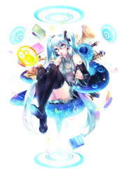 Rule 34 | 1girl, bass clef, beamed quavers, bespectacled, blue eyes, blue hair, book, boots, candy, character name, copyright name, detached sleeves, food, glasses, burger, hatsune miku, headphones, highres, instrument, lollipop, long hair, matching hair/eyes, musical note, nail polish, necktie, nemusuke, pen, quaver, sharp sign, sitting, skirt, solo, thigh boots, thighhighs, twintails, very long hair, vocaloid