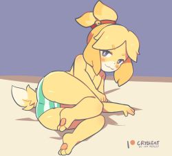 Rule 34 | 1girl, :3, animal crossing, animal ears, animal hands, ass, barefoot, bell, blonde hair, blue eyes, blush, closed mouth, crybleat, dog ears, dog girl, dog tail, english text, female focus, flat chest, full body, furry, furry female, green panties, hair bell, hair ornament, hair tie, half-closed eyes, happy, isabelle (animal crossing), jingle bell, jpeg artifacts, looking at viewer, lying, nintendo, on side, panties, patreon logo, pawpads, short hair, smile, solo, striped clothes, striped panties, tail, topknot, topless, underwear