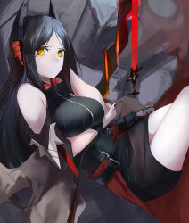 Rule 34 | 1girl, absurdres, ao oni (onioni-aoi), arknights, black hair, black shirt, black skirt, breast hold, breasts, clothing cutout, crossed arms, demon horns, highres, horns, ines (arknights), large breasts, long hair, looking at viewer, parted bangs, shirt, shoulder cutout, sidelocks, skirt, solo, yellow eyes