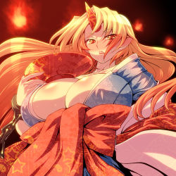 Rule 34 | 1girl, bad id, blonde hair, blush, breasts, cleavage, cuffs, cup, ear blush, female focus, horns, hoshiguma yuugi, hoshiguma yuugi (kimono), huge breasts, japanese clothes, kimono, long hair, pointy ears, red eyes, sakazuki, single horn, solo, sweat, touhou, tro