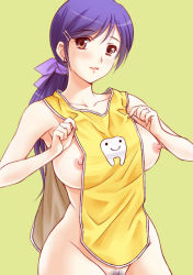 Rule 34 | 1girl, apron, breasts, brown eyes, female focus, female pubic hair, hair ornament, hairclip, kuroda akimi, large breasts, long hair, naked apron, nipples, original, ponytail, pubic hair, purple hair, simple background, solo, yellow background