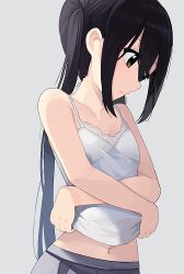 Rule 34 | 1girl, bare shoulders, breasts, clothes lift, collarbone, commentary, highres, hiroki (yyqw7151), k-on!, lifting own clothes, long hair, midriff peek, nakano azusa, navel, profile, shirt lift, sidelocks, simple background, skirt, small breasts, solo, twintails