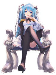Rule 34 | 1girl, :d, a20 (atsumaru), black footwear, black thighhighs, blue eyes, blue hair, boots, breasts, chair, commission, crossed legs, elbow rest, epaulettes, frilled sleeves, frills, full body, hair ornament, hand up, high heel boots, high heels, highres, long hair, looking at viewer, medium breasts, ojou-sama pose, open mouth, original, shrug (clothing), sidelocks, simple background, sitting, smile, solo, thighhighs, twintails, very long hair, white background, wide sleeves