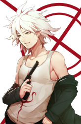 Rule 34 | 1boy, ahoge, bare shoulders, chain, coat, collarbone, commentary request, danganronpa (series), danganronpa 2: goodbye despair, green coat, green eyes, gun, hair between eyes, hand in pocket, hitoto, holding, holding gun, holding weapon, komaeda nagito, male focus, messy hair, off shoulder, parted lips, print shirt, red background, shirt, smile, solo, tank top, teeth, weapon, white background, white hair