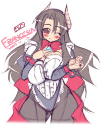 Rule 34 | 1girl, akatsuki francesca, black hair, black pantyhose, blush, bow, breasts squeezed together, breasts, brown hair, cufflinks, cuffs, demon girl, horns, huge breasts, long hair, maid, mel/a, mature female, one eye closed, original, pantyhose, pointy ears, red eyes, solo, very long hair
