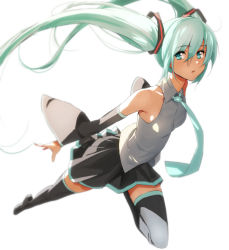 Rule 34 | 1girl, aqua eyes, aqua hair, bad id, bad pixiv id, black thighhighs, detached sleeves, domo1220, hatsune miku, long hair, looking at viewer, necktie, parted lips, simple background, solo, thighhighs, twintails, vocaloid, white background