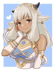 Rule 34 | 1girl, animal ears, ash (fire emblem), bare shoulders, black horns, blunt bangs, blush, border, breasts, choker, closed mouth, commentary request, cow ears, cow girl, cow horns, cow tail, cropped torso, dark-skinned female, dark skin, dress, ear piercing, elbow gloves, fingerless gloves, fire emblem, fire emblem heroes, gloves, gold trim, grey hair, grey shirt, hair ornament, hand on own face, heart, highres, horns, jewelry, large breasts, long hair, looking at viewer, nintendo, outside border, piercing, shirt, sideboob, sleeveless, sleeveless dress, smile, snow20200, solo, tail, upper body, white border, white dress, white gloves