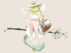 Rule 34 | 1girl, :d, absurdly long hair, absurdres, afk arena, bare arms, bare legs, bare shoulders, barefoot, basket, bird, blunt bangs, blush, bow, bracelet, braid, braided ponytail, brown background, closed eyes, commentary request, crop top, crop top overhang, facing viewer, feet, flora (afk arena), flower, fouriasensei, full body, green bow, green hair, hair bow, hand up, hat, hat flower, highres, jewelry, long hair, midriff, navel, open mouth, simple background, sitting, skirt, smile, solo, staff, sun hat, teeth, upper teeth only, very long hair, waving, white flower, white hat, white skirt