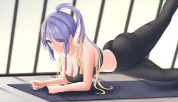 Rule 34 | 1girl, all fours, area 15, ass, bra, breasts, cleavage, exercising, hanging breasts, hololive, hololive indonesia, indoors, leg lift, long hair, looking down, medium breasts, midriff, moona hoshinova, open mouth, pants, ponytail, purple eyes, purple hair, rryiup, solo, sports bra, sweat, underwear, virtual youtuber, wet, window, yoga mat, yoga pants