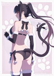 Rule 34 | 1girl, aoi suzu, ass, back, bare shoulders, bikini, black bikini, black gloves, black hair, black thighhighs, blunt bangs, elbow gloves, fingerless gloves, gloves, highres, long hair, open mouth, original, ponytail, red eyes, solo, swimsuit, thighhighs