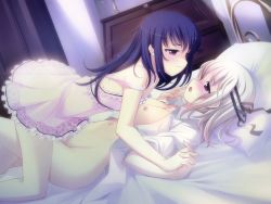 Rule 34 | 2girls, bed, black hair, blonde hair, blush, breasts, camisole, eye contact, game cg, holding hands, highres, looking at another, lying, mephisto (artist), multiple girls, nipples, open clothes, open mouth, open shirt, room, shirt, shy, smile, strap slip, sweat, tenshi no hane wo fumanaide, yuri
