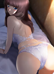 Rule 34 | 1girl, all fours, ass, back, blue eyes, blush, bra, bracelet, brown hair, closed mouth, commentary, commission, crotch seam, ezawa mika, half-closed eyes, indoors, jewelry, long sleeves, mature female, multi-strapped panties, on bed, original, panties, smile, solo, underwear, underwear only, white bra, white panties, yadokari genpachirou