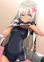Rule 34 | 10s, 1girl, blue eyes, breasts, character name, clothes lift, covered navel, crop top, female focus, flower, gintarou (kurousagi108), hair between eyes, hair ornament, japanese flag, kantai collection, lifting own clothes, light smile, long hair, old school swimsuit, one-piece swimsuit, one-piece tan, ro-500 (kancolle), school swimsuit, school uniform, serafuku, shiny clothes, shirt lift, silver hair, simple background, small breasts, smile, solo, standing, swimsuit, swimsuit under clothes, tan, tanline, torpedo