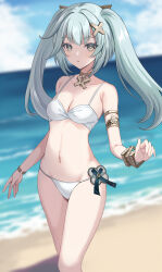 Rule 34 | 1girl, :o, aqua hair, beach, bikini, blue sky, blurry, blurry background, bracelet, breasts, cloud, commentary request, cowlick, day, faruzan (genshin impact), genshin impact, green eyes, hair ornament, harimoji, highres, horizon, jewelry, looking at viewer, navel, neck ring, ocean, open mouth, outdoors, sand, shore, sky, small breasts, solo, standing, swimsuit, symbol-shaped pupils, triangle-shaped pupils, twintails, upper body, water, white bikini, wristlet, x hair ornament