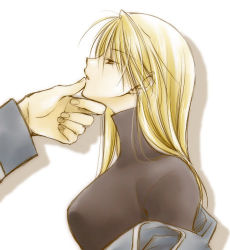 Rule 34 | 00s, 1girl, blonde hair, breasts, fullmetal alchemist, grabbing another&#039;s chin, hand on another&#039;s chin, large breasts, long hair, lowres, riza hawkeye, shirt, solo focus, takafuji yuna, undressing