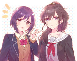 Rule 34 | 2girls, :d, black hair, black jacket, blazer, blush, brown cardigan, brown eyes, cardigan, collared shirt, grey shirt, hair between eyes, hair color switch, hair over shoulder, hand up, highres, jacket, long hair, long sleeves, multicolored polka dots, multiple girls, neckerchief, notice lines, open clothes, open jacket, open mouth, polka dot, polka dot background, project sekai, purple eyes, purple hair, red neckerchief, sailor collar, shinonome ena, shirt, simple background, sleeves past wrists, smile, sorimachi-doufu, upper body, v, white background, white sailor collar, white shirt