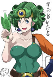 Rule 34 | 1girl, bare shoulders, blue eyes, breasts, butcha-u, circlet, collarbone, curly hair, detached sleeves, dragon quest, dragon quest iv, earrings, covered erect nipples, forehead jewel, gloves, green hair, hand on own hip, heroine (dq4), jewelry, large breasts, leaf, leotard, short hair, single glove, single sleeve, narrow waist, slime (dragon quest), smile, solo, toned, translation request