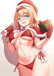 Rule 34 | 1girl, absurdres, alice margatroid, bikini, blonde hair, blue eyes, blush, box, breasts, capelet, carrying over shoulder, christmas, fur-trimmed capelet, fur trim, gift, gift box, gloves, gradient background, hairband, hat, highres, holding, holding gift, large breasts, looking at viewer, navel, nose blush, open mouth, red bikini, red capelet, red gloves, red hairband, red headwear, red ribbon, ribbon, sack, santa hat, side-tie bikini bottom, simple background, solo, stomach, swimsuit, tokyo yamane, touhou, underboob, white background, wide hips