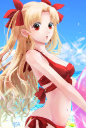 Rule 34 | 1girl, bikini, blonde hair, blue sky, breasts, cleavage, cloud, collarbone, commentary request, dated, day, earrings, ereshkigal (fate), fate/grand order, fate (series), hair ribbon, highres, holding, holding swim ring, innertube, jewelry, long hair, medium breasts, midriff, navel, ocean, open mouth, red bikini, red eyes, red ribbon, ribbon, side-tie bikini bottom, sky, solo, swim ring, swimsuit, tokurou (sunset brand), twitter username, two side up