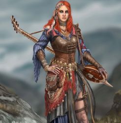 Rule 34 | 1girl, blue eyes, blush, breasts, curly hair, divinity: original sin 2, eyeshadow, fingernails, freckles, grin, highres, instrument, lips, lohse, looking at viewer, lute (instrument), makeup, multicolored hair, nail polish, red hair, red nails, shiny skin, short hair, smile, white hair