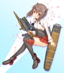 Rule 34 | 10s, 1girl, bow (weapon), breasts, brown eyes, brown hair, crossbow, flight deck, gradient background, grey thighhighs, headband, kantai collection, kishimen, looking at viewer, machinery, open mouth, short hair, sideboob, skirt, small breasts, smile, solo, taihou (kancolle), thighhighs, weapon