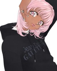 Rule 34 | 1990s (style), 1girl, black hoodie, commentary, dark-skinned female, dark skin, english commentary, grey nails, head tilt, hood, hoodie, jean paul gaultier (brand), jewelry, looking at viewer, nail polish, official art, original, pink eyes, pink hair, retro artstyle, ring, shirt, short hair, simple background, smile, solo, thick lips, white background, white shirt, yue (yung n dum )