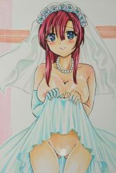 Rule 34 | blue eyes, blush, bridal veil, bride, clothes lift, dress, dress lift, jewelry, kakyouinnoriaki1020, looking at viewer, necklace, nipples, pearl necklace, pink hair, red hair, veil, wedding dress