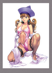 Rule 34 | 1girl, alena (dq4), alternate legwear, arm support, bare shoulders, blue eyes, border, bracelet, breasts, brown hair, chunsoft, cleavage, detached sleeves, dragon quest, dragon quest iv, earrings, elbow gloves, enix, feet, fishnet thighhighs, fishnets, full body, gloves, halterneck, hat, high heels, highres, homare (fool&#039;s art), jewelry, kneeling, large breasts, legs, leotard, lips, lipstick, long hair, looking at viewer, makeup, navel, pink leotard (dq), shoes, simple background, solo, spread legs, square enix, thighhighs, thighs, wavy hair, white background