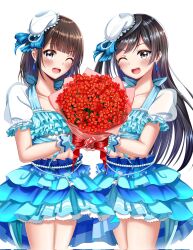 Rule 34 | 2girls, animification, black hair, blush, bouquet, brown hair, collarbone, commentary, corrupted twitter file, earrings, flower, grey eyes, hat, highres, holding, holding bouquet, jewelry, kusunoki tomori, long hair, looking at viewer, love live!, love live! nijigasaki high school idol club, multiple girls, one eye closed, one side up, ryopa, short hair, sidelocks, smile, upper body, voice actor, voice actor connection, white background, yuuki setsuna (love live!)