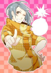 Rule 34 | 1boy, bakudan handan, brown eyes, buttons, checkered background, commentary request, grey hair, grin, hand on own hip, kurose (cha no yu), mole, mole under eye, one eye closed, orange sweater, pointing, pointing at viewer, simple background, smile, solo, sweater, two-tone sweater, upper body, wakasa towa, yellow sweater