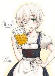 Rule 34 | 10s, 1girl, 2015, :d, ;d, alternate costume, beer mug, blonde hair, bun&#039;ya (0874cirno141), bun-ya (0874cirno141), collarbone, cup, dated, dirndl, frilled sleeves, frills, german clothes, german text, green eyes, hand on own hip, highres, jewelry, kantai collection, looking at viewer, mug, one eye closed, open mouth, puffy short sleeves, puffy sleeves, ring, short hair, short sleeves, smile, solo, translated, underbust, wedding band, z1 leberecht maass (kancolle)