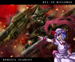Rule 34 | 1girl, arm cannon, aura, battletech, blue hair, cannon, character name, crossover, daike (yataka), fang, flat chest, gun, hat, mecha, moon, outstretched arm, red eyes, red moon, remilia scarlet, ribbon, rifleman (battletech), robot, scarlet devil mansion, short hair, solo, touhou, weapon, wings